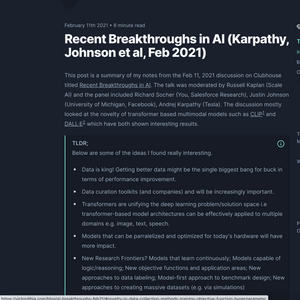Recent Breakthroughs in AI (Karpathy, Johnson et al, Feb 2021)