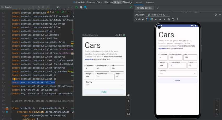 Screenshot the project in Android Studio. You can preview your Compose UI (middle) before deploying on a device or emulator (right).