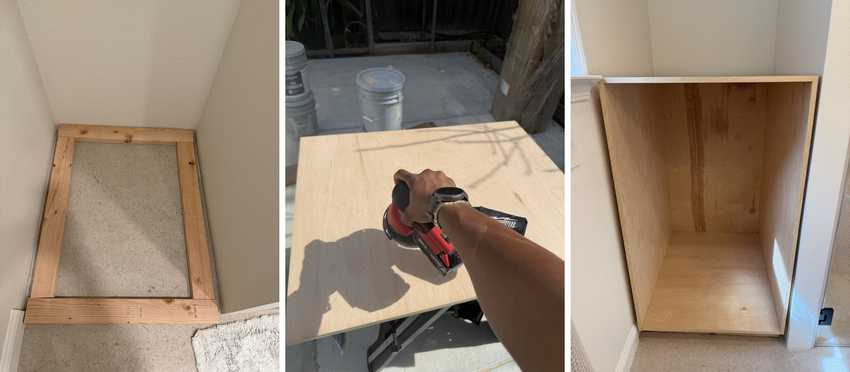 The base platform, sanding the plywood with the veneer already applied, and the empty shelf that was built