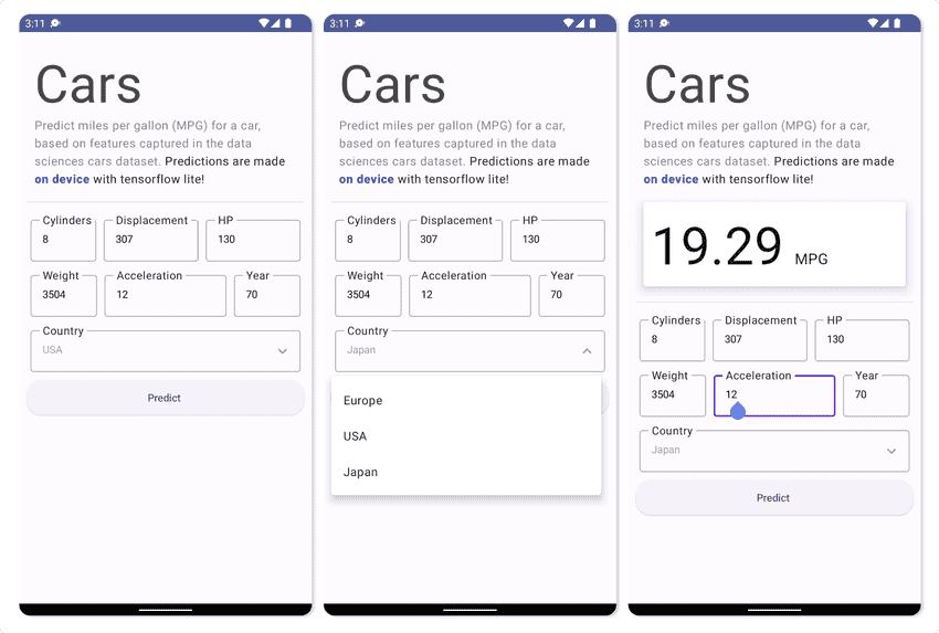 Screenshot of a basic app to predict (on-device) the miles per gallon for a car.