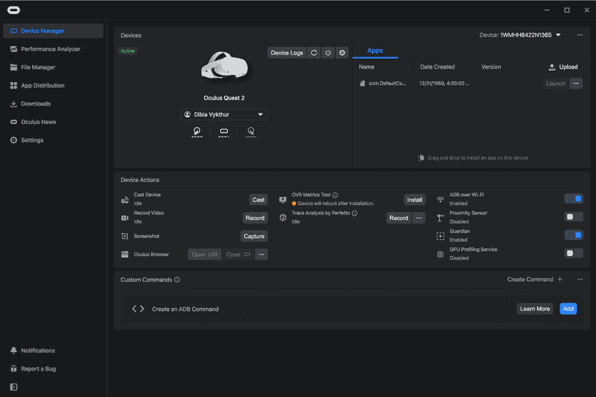 Screen shot ODH. You can analyze/profile your app, install apk files and distribute your app to testers or the Oculus store.