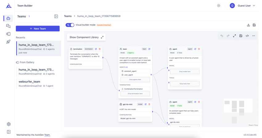 The AutoGen Studio Drag and Drop interface, built with ReactFlow